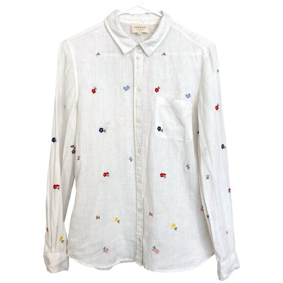 SEZANE Tomboy Embroidered Flower Linen Shirt Button Up White - Picture 5 of 12